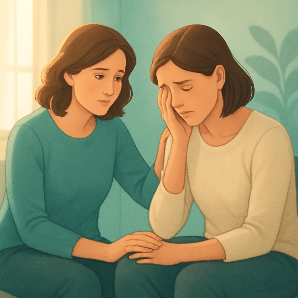 Two people in a supportive conversation, representing trauma-informed healing and professional support